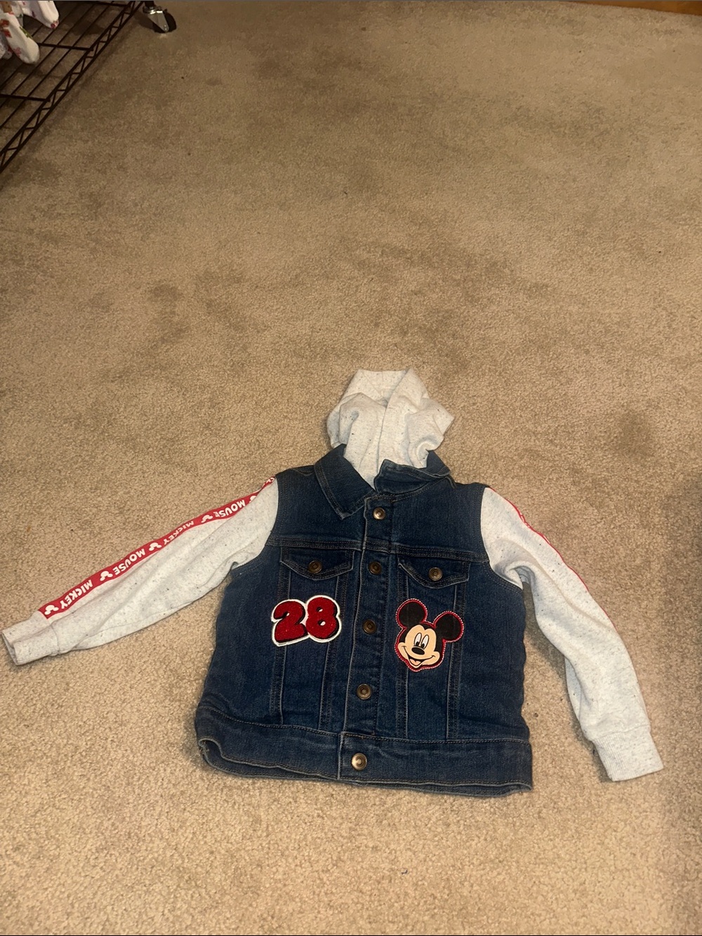 Disney Blue Denim Jacket with Gray Hoodie and Red Accents